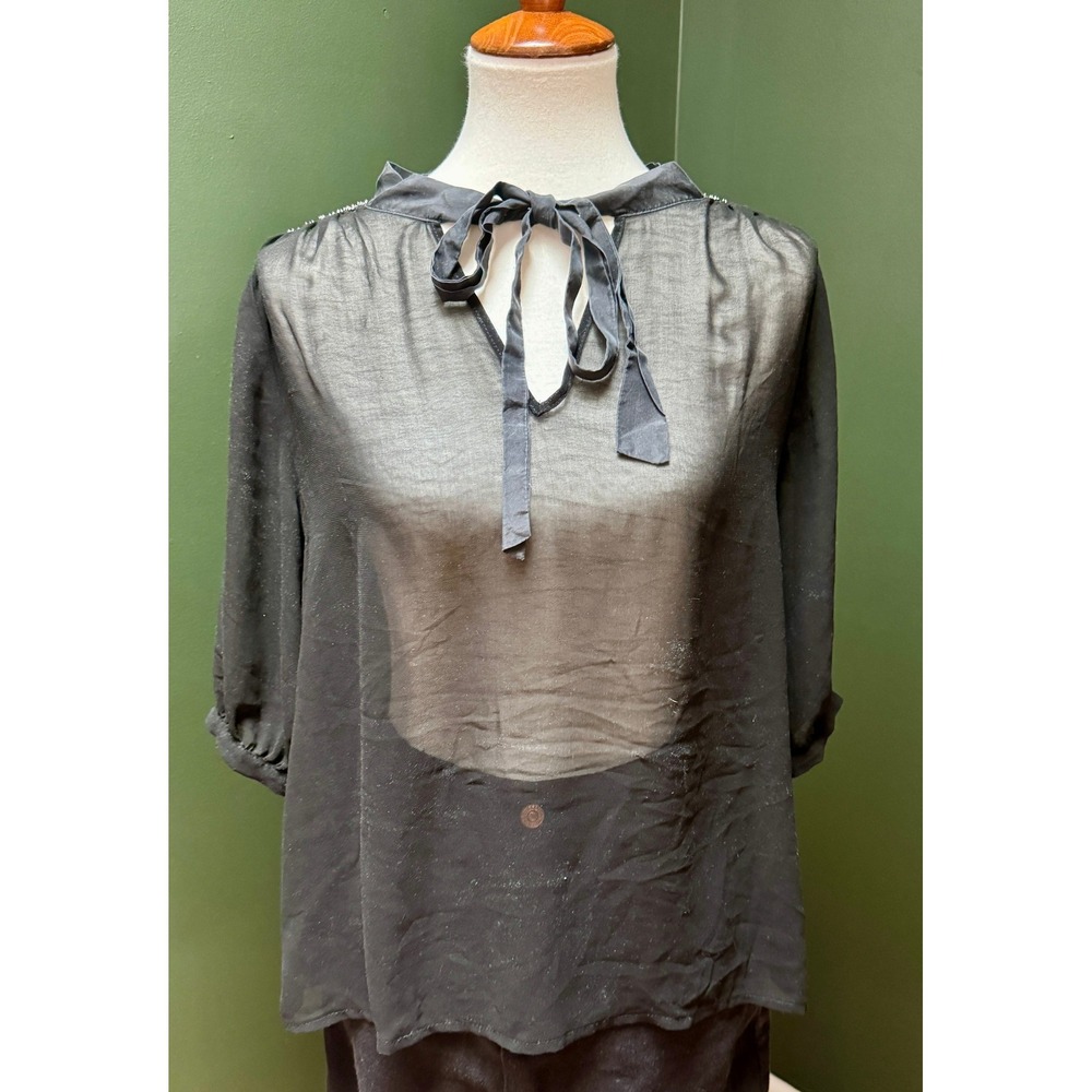 Limited Edition Vintage Sheer Beaded Embellished Tie‎ Neck Blouse Women's Size